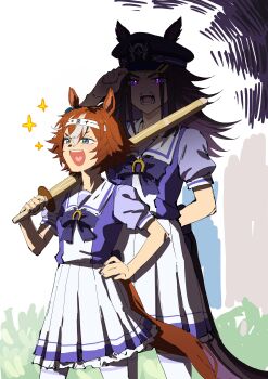 2girls :d absurdres animal_ears arm_behind_back aura bamboo_memory_(umamusume) behind_another black_hair blue_eyes bow bowtie brown_hair brown_tail colored_inner_hair cowboy_shot dark_aura ears_through_headwear face_in_shadow fenomeno_(umamusume) flipped_hair frilled_skirt frills gamja5126 hachimaki hand_on_headwear hand_on_own_hip hashtag-only_commentary hat headband heart heart_in_mouth height_difference highres holding holding_sword holding_weapon horse_ears horse_girl horse_tail horseshoe_hat_ornament horseshoe_ornament long_hair multicolored_hair multiple_girls open_mouth peaked_cap pleated_skirt puffy_short_sleeves puffy_sleeves purple_bow purple_bowtie purple_eyes purple_hair purple_shirt sailor_collar sailor_shirt school_uniform shinai shirt short_hair short_sleeves skirt smile sparkle sparkling_aura standing streaked_hair summer_uniform sword tail teeth thighhighs tracen_school_uniform umamusume v-shaped_eyebrows weapon white_headband white_sailor_collar white_skirt white_thighhighs