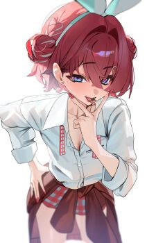 1girl absurdres ange_katrina blue_eyes blurry bow bow_headband bowtie braid breasts brown_sweater cherry_pop_(vocaloid) cherry_stem_knot cleavage clothes_around_waist collarbone collared_shirt commentary_request cowboy_shot crossed_bangs depth_of_field double_bun downblouse earrings fingernails gingham_clothes gingham_skirt green_bow green_headband hair_between_eyes hair_bun hair_intakes half-closed_eyes hand_on_own_hip hand_up headband heart heart_earrings highres inward_v jewelry leaning_forward lips long_bangs long_fingernails looking_at_viewer medium_hair miniskirt mokon112 multicolored_eyes multicolored_hair nail_polish nijisanji official_alternate_costume purple_eyes red_hair red_nails red_skirt shirt simple_background skirt sleeves_rolled_up solo streaked_hair stud_earrings sweater sweater_around_waist tongue tongue_out two-tone_eyes two-tone_hair undone_bowtie v virtual_youtuber white_background white_hair white_shirt white_skirt