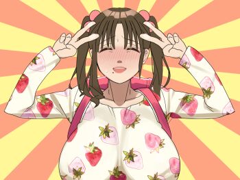 1girl alternate_hairstyle arms_up backpack bag blush breasts brown_hair closed_eyes double_v hair_ribbon highres indie_virtual_youtuber large_breasts long_hair mature_female open_mouth pink_lips ribbon smile solo sweat sweater teeth tongue tsukushibara_sumine twintails v virtual_youtuber