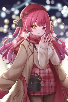 1girl anko_(kp2eom) black_pantyhose blurry blurry_background breasts breath brown_coat coat cowboy_shot grey_sweater hashtag-only_commentary heterochromia highres hololive houshou_marine large_breasts long_hair open_clothes open_coat pantyhose red_eyes red_hair red_scarf red_skirt scarf skirt solo sweater virtual_youtuber yellow_eyes