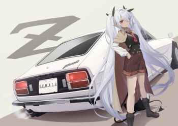 Rule 34 | 1girl, absurdly long hair, alternate costume, black boots, black socks, black sweater, blue archive, boots, brown cloak, brown shorts, cloak, collared shirt, commentary request, dark-skinned female, dark skin, demon girl, demon tail, hair over one eye, highres, iori (blue archive), kimagurain, long hair, necktie, nissan fairlady z, parted lips, pointy ears, red necktie, shirt, shorts, smile, socks, solo, sweater, tail, twintails, very long hair, white shirt