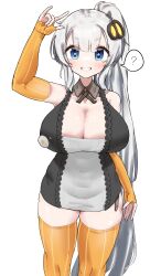 Rule 34 | 1girl, ?, absurdres, akumuruji, alternate hairstyle, arm at side, bare shoulders, blue eyes, blush, breasts, cleavage, cowboy shot, curvy, detached collar, detached sleeves, dress, grey hair, grin, highres, huge breasts, kizuna akari, large breasts, long hair, looking at viewer, mole, mole on breast, orange sleeves, orange thighhighs, pencil dress, pinstripe legwear, pinstripe pattern, pinstripe sleeves, ponytail, ribbed dress, short dress, simple background, skindentation, smile, solo, speech bubble, spoken question mark, star-shaped pupils, star (symbol), star in eye, striped clothes, striped thighhighs, symbol-shaped pupils, symbol in eye, tareme, thighhighs, tight clothes, tight dress, very long hair, voiceroid, white background, zettai ryouiki