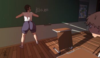 animated animated_gif artist_logo ass ass_clapping ass_shake black_hair blonde_hair blush chainsaw chainsaw_man chalk chalkboard d-art denji_(chainsaw_man) desk english_text from_behind huge_ass jiggle logo open_mouth reze_(chainsaw_man) surprised tagme twerking wooden_floor