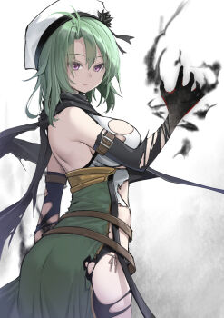 1girl ass bare_shoulders belt beret black_gloves black_hands black_scarf breasts colored_extremities commentary_request cowboy_shot curtained_hair dark_persona dress elbow_gloves flower_knight_girl from_side gloves green_dress grey_hair hat highres kintarou_(kintarou's_room) large_breasts long_dress medium_hair multiple_belts purple_eyes saboten_(flower_knight_girl) scarf solo torn_clothes torn_dress torn_gloves umbrakinesis waist_cape white_hat