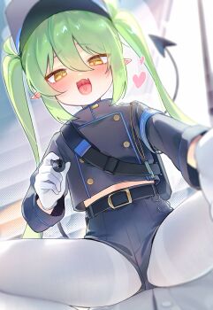 1girl 1other :d absurdres armband artist_name backpack bag belt belt_buckle black_bag black_belt black_shorts black_tail blue_archive blue_armband blue_hat blue_jacket blurry blurry_background blush buckle buttons charm_(object) demon_girl demon_tail depth_of_field dot_nose double-breasted dutch_angle eyes_visible_through_hair fang feet_out_of_frame furrowed_brow girl_on_top gloves green_hair hair_between_eyes half-closed_eyes halftone halftone_background hand_up hat heart heart_in_eyelashes highres holding holding_marker holding_pen indoors jacket loli long_hair long_sleeves looking_at_viewer marker midriff_peek nozomi_(blue_archive) open_mouth panties panties_under_pantyhose panties_under_shorts panty_peek pantyhose pantyhose_under_shorts peaked_cap pen pointy_ears pov prank reaching reaching_towards_viewer shirt short_shorts shorts sidelocks signature sitting sitting_on_person skin_fang smile solo_focus spread_legs suikan_pipe tail thighband_pantyhose thighs tongue twintails twitter_username underwear very_long_hair whistle white_gloves white_panties white_pantyhose white_shirt yellow_eyes
