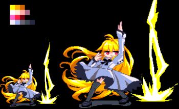 1girl arcueid_brunestud attack black_bow black_shoes black_socks blonde_hair bow dress eco-arc electricity electrokinesis frilled_dress frills kneehighs long_hair melty_blood michael_roa_valdamjong pikixu pixel_art red_eyes shoes socks sprite sprite_art thunder tsukihime wavy_hair white_dress