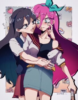 Rule 34 | 2girls, :d, arm at side, aubrey (faraway) (omori), aubrey (omori), bare arms, baseball bat, behind another, black eyes, black hair, black shirt, black sweater vest, black tank top, blue eyes, blue hairband, blue skirt, blush, border, bow, bow hairband, breasts, bright pupils, brown sailor collar, brown skirt, cleavage, collarbone, collared shirt, commentary request, cowboy shot, crying, crying with eyes open, denim, denim skirt, donadonaameamehurehure, double-parted bangs, ear blush, eye contact, eyes visible through hair, film grain, finger to another's cheek, fingernails, food, fruit, gradient background, grey background, grey border, hair behind ear, hair between eyes, hairband, hand on another's face, hand on another's hand, highres, holding, holding baseball bat, jacket, jacket partially removed, long hair, looking at another, mari (faraway) (omori), mari (omori), medium breasts, midriff, miniskirt, multiple girls, nose blush, omori, open clothes, open jacket, open mouth, orange background, orange bow, outline, outside border, parted lips, piano keys, pink hair, pleated skirt, pocket, rainbow, raised eyebrows, raised inner eyebrows, sailor collar, shirt, short sleeves, sidelocks, single bare shoulder, skirt, smile, standing, star (symbol), straight hair, strawberry, stuffed animal, stuffed toy, sweater vest, tank top, tears, teddy bear, tongue, translation request, very long hair, white jacket, white outline, white pupils, white shirt, wide-eyed, wiping tears, yellow background