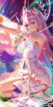 1girl arms_up bare_shoulders barefoot blush breasts commentary cyrene_(honkai:_star_rail) earrings english_commentary from_side highres honkai:_star_rail honkai_(series) jewelry kneeling large_breasts liang_xing long_hair looking_at_viewer looking_to_the_side outdoors parted_lips pink_hair pointy_ears purple_eyes solo thighs