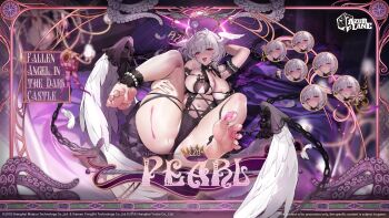 1girl ankleband arm_up armband azur_lane barefoot breasts cleavage clothing_cutout commentary cross-laced_clothes cross-laced_cutout crossed_bangs feathered_wings feet frilled_armband frills gem grabbing_own_thigh hair_between_eyes head_wings highres huge_breasts looking_at_viewer lying m_legs multiple_expressions navel official_alternate_costume official_art open_mouth pearl_(azur_lane) pearl_(fallen_angel_in_the_dark_castle)_(azur_lane) pearl_(gemstone) pearl_thong pelvic_curtain red_eyes second-party_source see-through_clothes short_hair soles solo spread_legs stomach_cutout toes tongue tongue_out white_hair white_wings wings