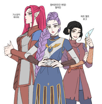 3girls baldur&#039;s_gate baldur&#039;s_gate_3 black_hair blunt_bangs braid braided_ponytail brown_eyes closed_mouth commentary_request cowboy_shot crazybabmusae double_bun dungeons_&amp;_dragons dungeons_&amp;_dragons earrings fingernails hair_bun hands_on_own_hips holding holding_weapon jewelry korean_commentary kpop_demon_hunters long_fingernails long_hair mira_(kpop_demon_hunters) multiple_girls one_eye_closed pink_hair purple_hair rumi_(kpop_demon_hunters) sash short_bangs sidelocks simple_background turtleneck twintails weapon white_background zoey_(kpop_demon_hunters)