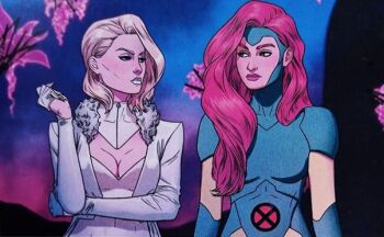 2girls blonde_hair breasts cleavage cowl dress emma_frost gloves jean_grey looking_at_another marvel multiple_girls non-web_source red_hair superhero_costume white_dress white_gloves x-men