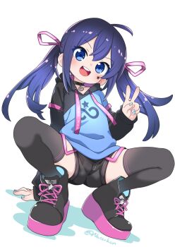 1girl black_shorts black_thighhighs blue_eyes commission highres hood indie_virtual_youtuber long_hair mugen_mochi nassukun pixiv_commission short_shorts shorts smile solo thighhighs twintails v virtual_youtuber white_background