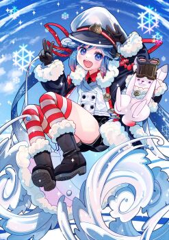 1girl 1other aqua_eyes aqua_hair binoculars black_coat black_gloves black_necktie black_shorts blush coat collared_shirt commentary fur-trimmed_coat fur-trimmed_sleeves fur_trim gloves gradient_hair hair_between_eyes hair_ornament hair_ribbon hat hatsune_miku highres holding holding_binoculars jacket kawamitsu long_hair long_sleeves looking_at_viewer multicolored_hair necktie official_alternate_costume official_alternate_hairstyle open_mouth peaked_cap rabbit rabbit_yukine red_ribbon red_shirt ribbon sailor_hat shirt short_shorts shorts smile striped_clothes striped_thighhighs thighhighs twintails v very_long_hair vocaloid white_hair white_jacket yuki_miku yuki_miku_(2022)