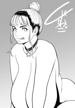 1girl :q absurdres bare_arms bare_shoulders breasts choker commentary_request fanged_bangs gigantic_breasts gradient_background greyscale hair_bun hanging_breasts highres kuzukago_(bitchmaker) looking_at_viewer monochrome multicolored_hair nude olivia_sugar_(kuzukago) original pendant_choker roots_(hair) single_hair_bun solo star_pendant tongue tongue_out