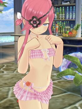 1girl 3d bar_(place) bikini blue_eyes eyepatch flat_chest frilled_bikini frills hair_over_one_eye highres kazakiri_(senran_kagura) navel outdoors pink_hair senran_kagura senran_kagura_new_link swimsuit