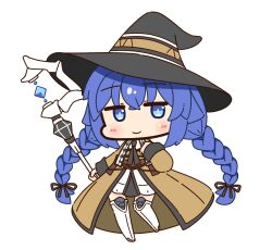 Rule 34 | 1girl, black hat, black ribbon, blue eyes, blue hair, blush stickers, boots, braid, brown robe, chibi, closed mouth, eyebrows hidden by hair, flat chest, full body, hair between eyes, hair ribbon, hand on own chest, hat, highres, holding, holding staff, jacket, knee boots, large hat, looking at viewer, mage staff, mushoku tensei, ribbon, robe, roxy migurdia, shizukushigure, simple background, smile, solo, staff, standing, standing on one leg, twin braids, white background, white footwear, white jacket, witch hat