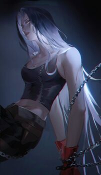 Rule 34 | 1girl, angell (path to nowhere), bare arms, black hair, black tank top, chain, chained, commentary request, from below, from side, gloves, gradient hair, midriff, multicolored hair, parted bangs, path to nowhere, qingci, red gloves, sleeveless, solo, tank top