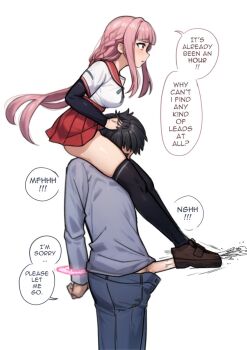 1boy 1girl ass binder cum ejaculation english_text erection feet femdom footjob forced highres kamihama_university_affiliated_school_uniform magic magic_circle magical_girl masochism miyuyu5 school_uniform scissorhold shoejob tamaki_iroha thick_thighs thighhighs thighs