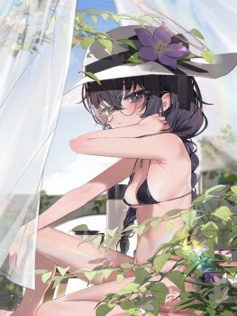 1girl absurdres bad_id bad_pixiv_id bare_arms bare_shoulders bikini black_bikini black_hair blue_archive blush branch breasts closed_mouth curtains day flower from_side glasses hairband halo hat hat_flower highres leaf long_hair looking_at_viewer official_alternate_costume sitting small_breasts solo string_bikini sun_hat swimsuit ui_(blue_archive) ui_(swimsuit)_(blue_archive) very_long_hair yoru_uyo