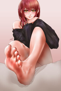 1girl absurdres barefoot blush chainsaw_man feet highres long_hair looking_at_viewer makima_(chainsaw_man) red_hair soles toes yellow_eyes za.yu