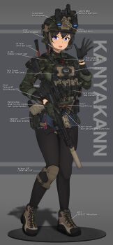 1girl absurdres ammunition_pouch assault_rifle asymmetrical_gloves belt belt_pouch black_gloves black_hair black_pantyhose blue_eyes blue_shorts bolt_cutters boots bracelet breasts brown_boots bulletproof_vest camouflage camouflage_helmet camouflage_shirt camouflaged_vest combat_boots combat_helmet commentary crossed_bangs denim denim_shorts ear_protection english_commentary english_text fast_helmet first_aid_kit flag_background flag_patch flashlight full_body glock gloves glowstick green_gloves gun handgun happy headlamp headset helmet highres holding holding_gun holding_weapon holster jewelry knee_pads large_breasts laser_sight load_bearing_vest logo looking_at_viewer m4_carbine magazine_(weapon) mechanix_wear medium_breasts military military_combat_uniform military_operator military_uniform mismatched_gloves night_vision_device open_mouth optical_sight original pantyhose phone_holder pointing_out_the_details pouch product_placement rifle shirt short_hair shorts signature simple_background single_knee_pad smile soldier solo standing suppressor tactical_clothes thai_flag thigh_strap three-quarter_sleeves under_armour unit_patch vertical_foregrip walkie-talkie watch waving weapon woodland_camouflage wristwatch zerofid