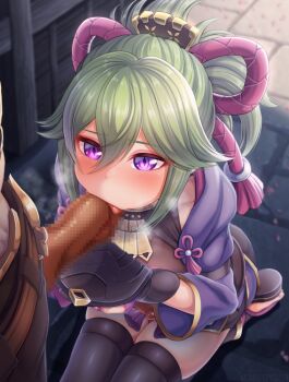 1boy 1girl aether_(genshin_impact) black_thighhighs breasts can_(canzume) censored commentary_request covered_erect_nipples erection fellatio genshin_impact green_hair hetero holding holding_mask jacket kuki_shinobu large_breasts large_variant_set long_sleeves mask mosaic_censoring no_mask oral paid_reward_available penis purple_eyes purple_jacket seiza sitting solo_focus thighhighs variant_set