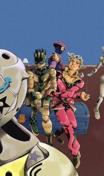 1boy 4others ark_nemesis black_boots boots braid choker coffin curly_hair giorno_giovanna gold_experience green_mask grey_hair highres jacket jojo_no_kimyou_na_bouken ladybug_ornament multiple_others pants pink_jacket pink_pants single_braid spiked_choker spikes stand_(jojo) star_(symbol) stardust_crusaders stone_free stone_ocean string tusk_(stand) tusk_act4 vento_aureo whitesnake_(stand)