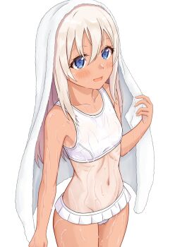 1girl bikini blonde_hair blue_eyes collarbone commentary_request highres kantai_collection long_hair one-piece_tan ro-500_(kancolle) ro-500_(swimsuit)_(kancolle) simple_background solo swimsuit tan tanline towel towel_on_head wet white_background white_bikini zecty