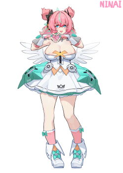 1girl absurdres aria_(zenless_zone_zero) blue_eyes breasts commentary fingerless_gloves gloves highres huge_breasts humanoid_robot looking_at_viewer multicolored_hair ninai pink_hair robot robot_girl shoes skirt socks symbol-only_commentary thighhighs twintails white_skirt white_thighhighs zenless_zone_zero