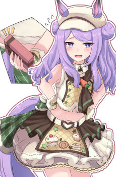 Rule 34 | 1girl, absurdres, animal ears, apron, arms behind back, blush, box, breasts, brown neckerchief, commentary request, cosplay, double bun, ears through headwear, gift, gift box, hair bun, hat, highres, holding, holding box, horse ears, horse girl, horse tail, long hair, looking at viewer, mejiro mcqueen (umamusume), midriff, navel, neckerchief, open mouth, purple eyes, purple hair, shirt, shoutoro, skirt, sleeveless, sleeveless shirt, small breasts, smile, solo, taiki shuttle (baa baa patisserie) (umamusume), taiki shuttle (umamusume), taiki shuttle (umamusume) (cosplay), tail, umamusume