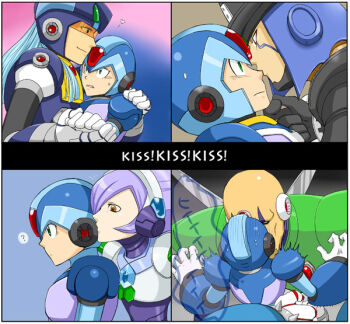 5boys bald blue_hair bug capcom dynamo_(mega_man) facial_mark green_eyes hug kiss kiss_chart kurooni kurooni_(daredevil) lumine_(mega_man) male_focus mega_man_(series) mega_man_x_(series) multiple_boys multiple_drawing_challenge orange_eyes purple_hair robot sigma_(mega_man) spider spider_(mega_man) sweat visor x_(mega_man) yaoi
