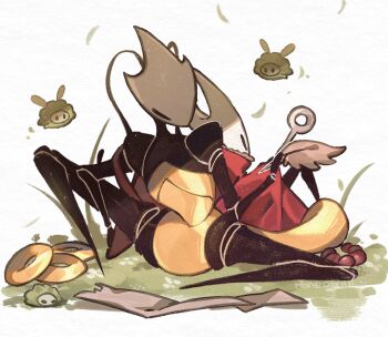 antennae arthropod_girl back-to-back bag bare_shoulders beads black_eyes black_skin bracelet cloak colored_skin full_body gold_bracelet holding holding_quill hollow_eyes hollow_knight hollow_knight:_silksong horned_mask hornet_(hollow_knight) jewelry map mask momoiiroo needle_(hollow_knight) no_mouth quill red_bag red_cloak shakra_(hollow_knight) simple_background weapon white_background white_mask