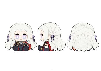 1girl capelet character_doll closed_mouth commentary doll edelgard_von_hresvelg fire_emblem fire_emblem:_three_houses from_behind from_side garreg_mach_monastery_uniform hair_ribbon highres long_hair looking_at_viewer moyibzs nintendo parted_bangs purple_eyes purple_ribbon red_capelet ribbon sitting white_background white_hair