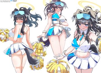 1girl absurdres animal_ears ass back black_hair blue_archive blue_eyes blush breasts cheerleader dog_ears dog_girl dog_tail goggles goggles_on_head halo hibiki_(blue_archive) hibiki_(cheer_squad)_(blue_archive) highres holding holding_pom_poms long_hair looking_at_viewer looking_back millennium_cheerleader_outfit_(blue_archive) navel official_alternate_costume open_mouth panties phaser_array pom_pom_(cheerleading) pom_poms simple_background skirt star_(symbol) star_sticker sticker sticker_on_face sweat sweatdrop tail underwear white_background yellow_halo