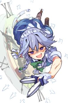 1girl :d apron blue_dress blue_eyes boots braid brown_boots commentary_request dress full_body furorina gloves grey_hair highres holding holding_knife holding_pocket_watch izayoi_sakuya knife looking_at_viewer maid maid_apron maid_headdress multiple_knives open_mouth pantyhose pocket_watch scratches shirt short_sleeves smile solo touhou twin_braids watch white_gloves white_shirt