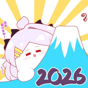 2026 :d =_= ahoge blue_archive blush chibi closed_eyes commentary_request facing_viewer giant grey_hair hair_ornament hairclip highres hina_(blue_archive) horns kurukurumagical long_hair motion_lines mount_fuji open_mouth parted_bangs single_hair_intake smile solo sunburst sunburst_background translation_request very_long_hair