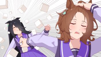 2girls absurdres adjusting_hair agnes_tachyon_(umamusume) ahoge animal_ears black_hair blush bow bowtie brown_hair chemical_structure closed_eyes closed_mouth commentary ear_tag earrings english_commentary hair_between_eyes hand_in_own_hair hand_on_own_head highres horse_ears horse_girl jewelry jujutsu_kaisen long_bangs long_hair long_hair_between_eyes long_sleeves manhattan_cafe_(umamusume) medium_hair meme motion_blur multicolored_hair multiple_girls nanaken_(qijian23092715) naoya_hitting_choso_without_looking_(meme) open_mouth parody pleated_skirt purple_sailor_collar purple_serafuku purple_shirt purple_skirt sailor_collar sailor_shirt scene_reference school_uniform serafuku shirt single_earring skirt sugar_cube tracen_school_uniform umamusume very_long_hair white_bow white_bowtie white_hair