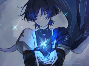 Rule 34 | 1boy, armor, black bodysuit, black bridal gauntlets, black hair, blue cape, blue eyes, blue sleeves, blunt ends, bodysuit, bridal gauntlets, bright pupils, cape, closed mouth, core, furisode, genshin impact, glint, grey background, japanese armor, japanese clothes, kimono, kote, kurokote, layered sleeves, looking at object, male focus, mandarin collar, middle ring, mpginyuu, open hands, purple rope, rope, scaramouche (genshin impact), short sleeves, smile, solo, split mouth, twitter username, wanderer (genshin impact), watermark, white kimono, white pupils, white sleeves, white trim