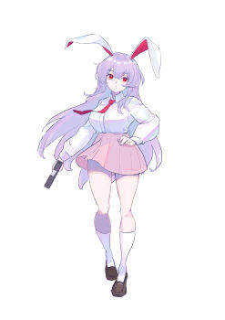 1girl absurdres animal_ears bare_legs breasts brown_shoes chinese_commentary closed_mouth commentary dress_shirt full_body gun hair_between_eyes handgun highres holding holding_gun holding_weapon kneehighs large_breasts loafers long_hair long_sleeves miniskirt nao_jieshi necktie pink_skirt pleated_skirt purple_hair rabbit_ears rabbit_girl red_eyes red_necktie reisen_udongein_inaba shirt shirt_tucked_in shoes simple_background skirt socks solo straight_hair touhou very_long_hair weapon white_background white_shirt white_socks