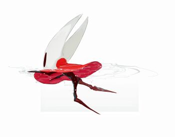 1girl arthropod_girl artist_name ben-day_dots black_eyes border chinese_commentary cloak commentary_request film_grain from_behind from_side full_body grey_background highres hightguy hollow_knight hollow_knight:_silksong hornet_(hollow_knight) horns outside_border red_cloak screentones simple_background solo swimming water white_border