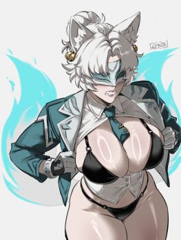 1girl absurdres animal_ears aqua_jacket aqua_necktie aqua_tail bell black_bra black_panties bra breasts cleavage commentary covered_eyes cowboy_shot curvy dress_shirt eye_mask fang formal_clothes fox_ears fox_girl fox_tail gloves gy_beth hair_bell hair_bun hair_ornament highres holding holding_jacket holding_unworn_clothes jacket large_breasts makeup marvel marvel_rivals mask necktie no_pants open_clothes open_jacket panties parted_hair parted_lips partially_unbuttoned purple_lips ring_light_reflection scowl shirt signature simple_background solid_eyes spider-man_(series) suit suit_jacket tail teeth thick_thighs thighs unbuttoned unbuttoned_shirt underwear unworn_jacket white_background white_fox_(marvel) white_hair white_mask white_shirt