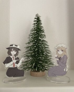 2girls :d black_capelet black_hat black_ribbon black_skirt blonde_hair blue_eyes bow brown_eyes brown_hair capelet christmas_tree collared_dress collared_shirt contrast_collar double_finger_gun dress dress_ribbon finger_gun frilled_shirt_collar frills hair_bow hat hat_bow highres kashiwada_kiiho long_sleeves looking_at_viewer maribel_hearn medium_hair mob_cap multiple_girls necktie open_mouth purple_dress red_necktie ribbon sash shirt shirt_tucked_in short_hair skirt sleeve_cuffs smile touhou usami_renko white_bow white_hat white_sash white_shirt