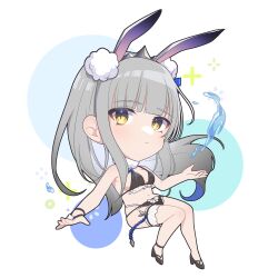 Rule 34 | 1girl, animal ears, bikini, black bikini, black footwear, blunt bangs, breasts, chibi, closed mouth, commentary request, crown, expressionless, full body, fur collar, grey hair, highres, kaavi, kurata color, long hair, looking at viewer, mahjong soul, medium bangs, medium breasts, navel, pom pom (clothes), rabbit ears, rabbit girl, shoes, slit pupils, solo, swimsuit, tassel, thigh strap, water, white background, yellow eyes