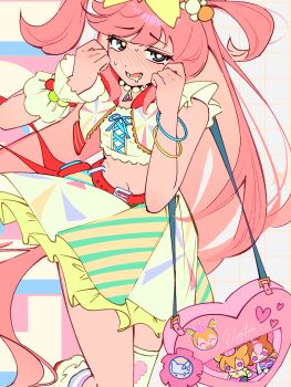 1girl absurdres agnes_digital_(full-color_fangirling)_(umamusume) agnes_digital_(umamusume) animal_ears bag bea_lenoir bead_necklace beads belt blue_eyes blush bow brown_hair cape character_doll crown doll drooling gold_corset hair_between_eyes hair_bow hairband heart highres horse_ears horse_girl horse_tail jewelry long_hair meisho_doto_(turbulent_blue)_(umamusume) meisho_doto_(umamusume) midriff mouth_drool multicolored_hair multicolored_skirt navel necklace open_mouth orange_hair pink_crown pink_hair pink_hairband purple_eyes red_belt shirt short_hair shoulder_bag single_wrist_cuff skirt sleeveless sweat t.m._opera_o_(o_sole_suo!)_(umamusume) t.m._opera_o_(umamusume) tail two-tone_hair two_side_up umamusume white_hair white_shirt wrist_cuffs yellow_bow