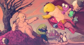 absurdres allan_(smiling_friends) bald bliblie brown_hair charlie_dompler closed_mouth cloud commentary demon demon_horns demon_wings desmond_(smiling_friends) eating english_commentary everyone fat fat_man fine_art_parody forest_demon_(smiling_friends) glep_(smiling_friends) gun gun_to_head hat highres holding holding_gun holding_weapon horns horse knight looking_at_another looking_at_viewer looking_to_the_side male_focus meme mip_(smiling_friends) mr._frog_(smiling_friends) open_mouth outstretched_arm parody pepper_(smiling_friends) pim_pimling reaching renaissance_men_(smiling_friends) rex_(smiling_friends) salt_(smiling_friends) satan_(smiling_friends) sky smile smiling_friends smormu_(smiling_friends) spoilers steel_neck the_boss_(smiling_friends) the_creation_of_adam topless_male weapon white_hair wings