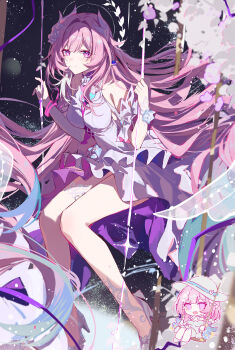 1girl absurdly_long_hair absurdres aqua_hair bare_shoulders breasts chibi closed_mouth commentary cyrene_(honkai:_star_rail) cyrene_(ripples_of_past_reverie)_(honkai:_star_rail) diamond-shaped_pupils diamond_(shape) dress full_body high_heels highres honkai:_star_rail honkai_(series) long_hair looking_at_viewer multicolored_hair multiple_views open_mouth pink_hair pointy_ears purple_eyes shoes sitting smile symbol-only_commentary symbol-shaped_pupils very_long_hair white_dress white_shoes yajuu