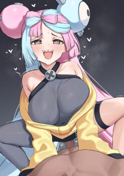 1boy 1girl bare_shoulders black_thighhighs blue_hair blush bodysuit bow-shaped_hair breasts brown_eyes censored character_hair_ornament clothed_female_nude_male clothed_sex collarbone cowgirl_position dutch_angle fake_hair_bun girl_on_top grey_background grey_bodysuit hair_ornament happy_sex heart heart-shaped_pupils hetero highres iono_(pokemon) kangbus large_breasts long_hair looking_at_viewer mosaic_censoring multicolored_hair nintendo nude open_mouth penis pink_hair pokemon pokemon_scarlet_and_violet sex sharp_teeth simple_background smile solo_focus split-color_hair spread_legs straddling sweat symbol-shaped_pupils teeth thighhighs two-tone_hair vaginal very_long_hair