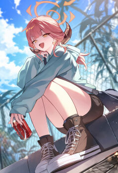 1girl absurdres alternate_costume aru_(blue_archive) blue_archive blue_hoodie blue_sky blush brown_shoes can chain-link_fence cloud cloudy_sky commentary converse day demon_girl demon_horns drink_can fence halo highres holding holding_can hood hood_down hoodie horns knees_up long_hair looking_at_viewer okkimon open_mouth orange_eyes outdoors red_hair red_halo shoes sky smile solo thighs