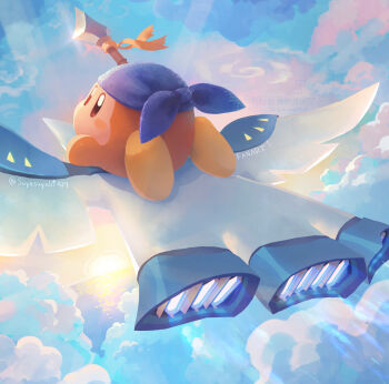 Rule 34 | absurdres, bandana, bandana waddle dee, blue bandana, blue sky, blush stickers, brown eyes, commentary request, day, flying, highres, kirby (series), nintendo, no humans, outdoors, polearm, sky, solo, spear, suyasuyabi, twitter username, weapon, wing star