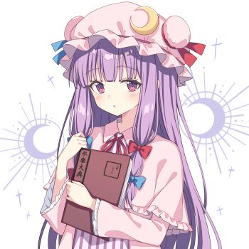 1girl blue_bow blunt_ends blush book bow crescent crescent_hat_ornament crescent_pin dress frills hashtag-only_commentary hat hat_ornament highres holding holding_book long_hair low-tied_sidelocks mob_cap patchouli_knowledge pink_dress purple_eyes purple_hair red_bow red_ribbon ribbon setteiset sidelocks simple_background single_sidelock solo solo_focus striped_clothes striped_dress touhou vertical-striped_clothes vertical-striped_dress very_long_hair white_background